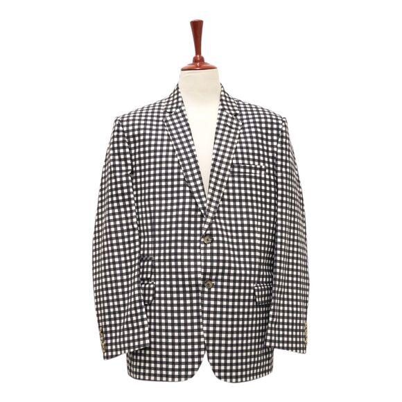 Mens 46R Blazer Sport Coat Wool Black White Gingham Check Jacket Wedding Party